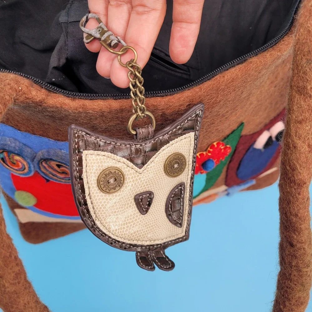 100% Wool Owl Tote Bag Womens Large Brown Boho Applique Handmade Nepal